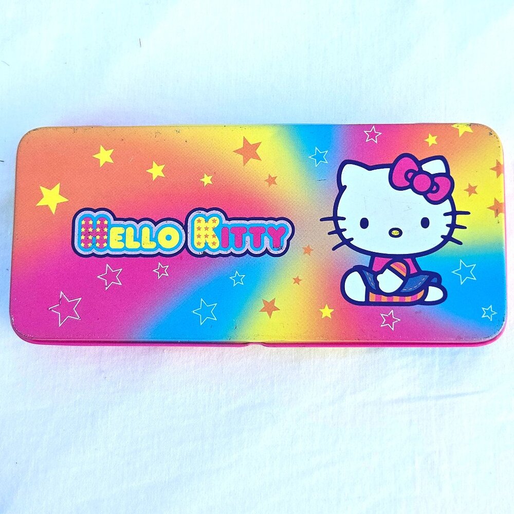 90s Sanrio Hello Kitty Pencil Box Metal Tin Pastel Rainbow Stars Japan